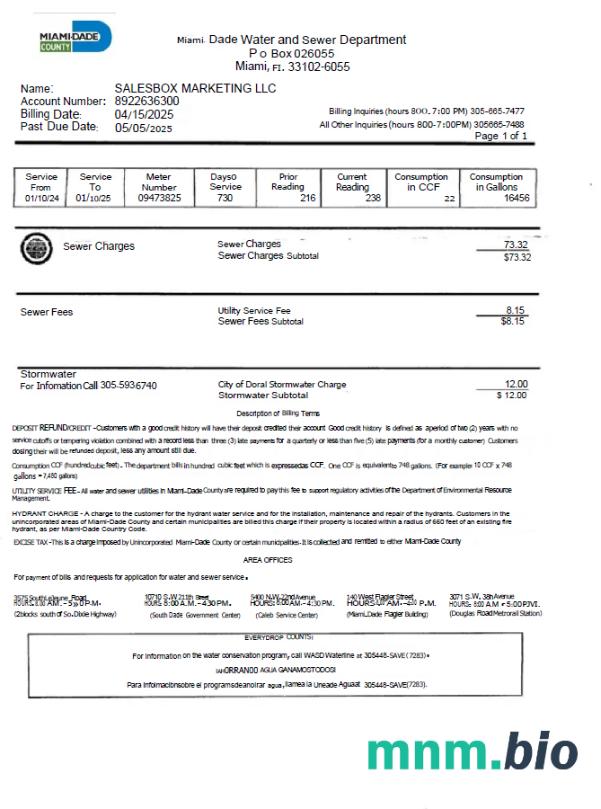 Szablon rachunku za media w USA Miami Dade w formatach Word i PDF